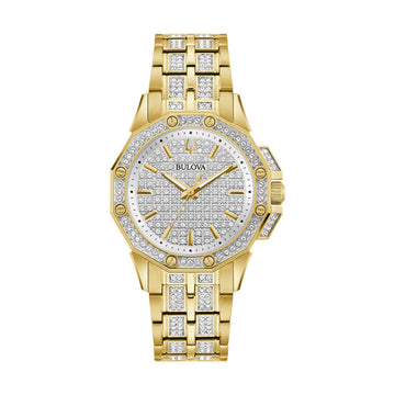 Reloj de cuarzo de dos tonos Bulova Octava Crystal para mujer, de 34 mm, con pulsera de acero inoxidable y esfera plateada 