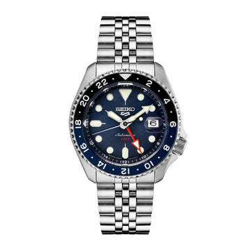 Seiko 5 Sports GMT Series Men's Silver-Tone Bracelet Watch - Blue Dial