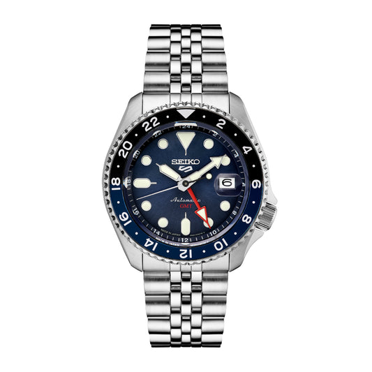 Seiko 5 Sports GMT Series Men's Silver-Tone Bracelet Watch - Blue Dial