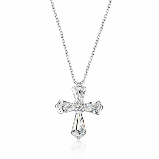 Anna Zuckerman Kate 28 Women's Diamond Crystalline Cross Necklace in Platinum-Plating over 925 Sterling Silver