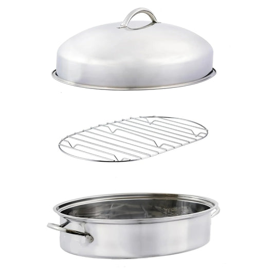 Ovente CWR32161S 16" Stainless Steel Oval Roasting Pan with Lid and Rack - Silver