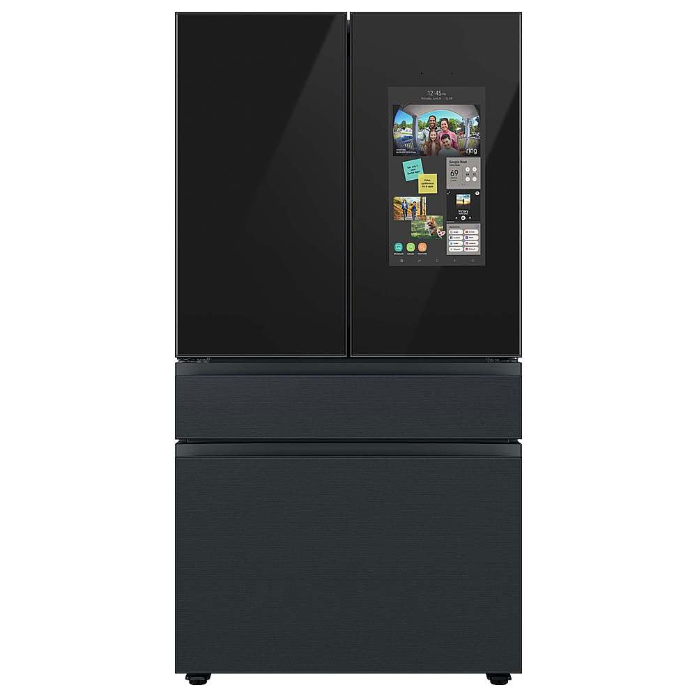 Refrigerador Samsung Bespoke RF23BB8900AC de 22,5 pies cúbicos con puerta francesa, 4 puertas y profundidad de mostrador, con panel superior izquierdo y Family Hub™ en vidrio color carbón