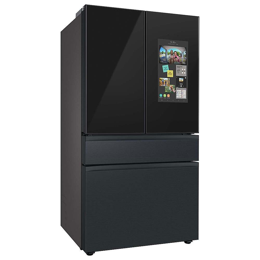 Refrigerador Samsung Bespoke RF23BB8900AC de 22,5 pies cúbicos con puerta francesa, 4 puertas y profundidad de mostrador, con panel superior izquierdo y Family Hub™ en vidrio color carbón