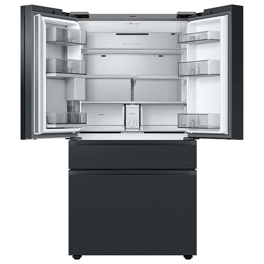 Refrigerador Samsung Bespoke RF23BB8900AC de 22,5 pies cúbicos con puerta francesa, 4 puertas y profundidad de mostrador, con panel superior izquierdo y Family Hub™ en vidrio color carbón