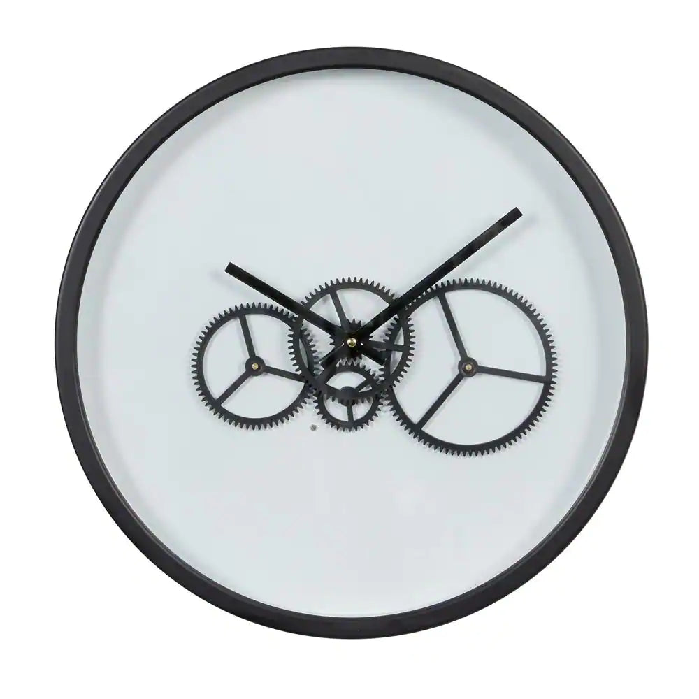 UMA Enterprises Industrial 18" Round Wall Clock in Metal with Functioning Gear Center - Black/White