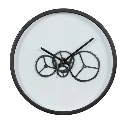 UMA Enterprises Industrial 18" Round Wall Clock in Metal with Functioning Gear Center - Black/White