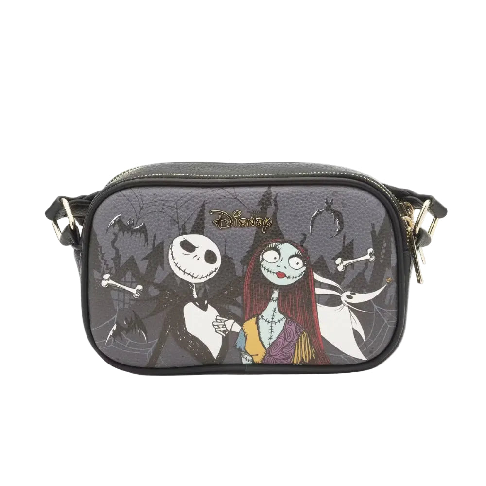 Wondapop Nightmare Before Christmas Designer Series Double Zipper Crossbody Bag with Shoulder Strap - Black