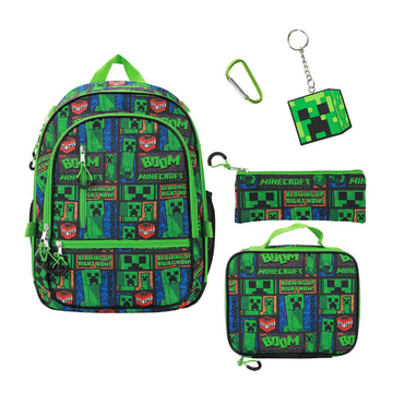 Bioworld Minecraft Creeper Blowing Up Right Now (5-Piece) Backpack and Lunchbox Set - Green