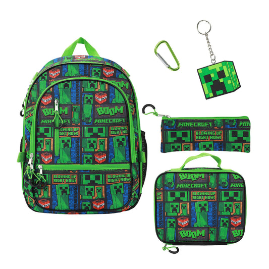 Bioworld Minecraft Creeper Blowing Up Right Now (5-Piece) Backpack and Lunchbox Set - Green