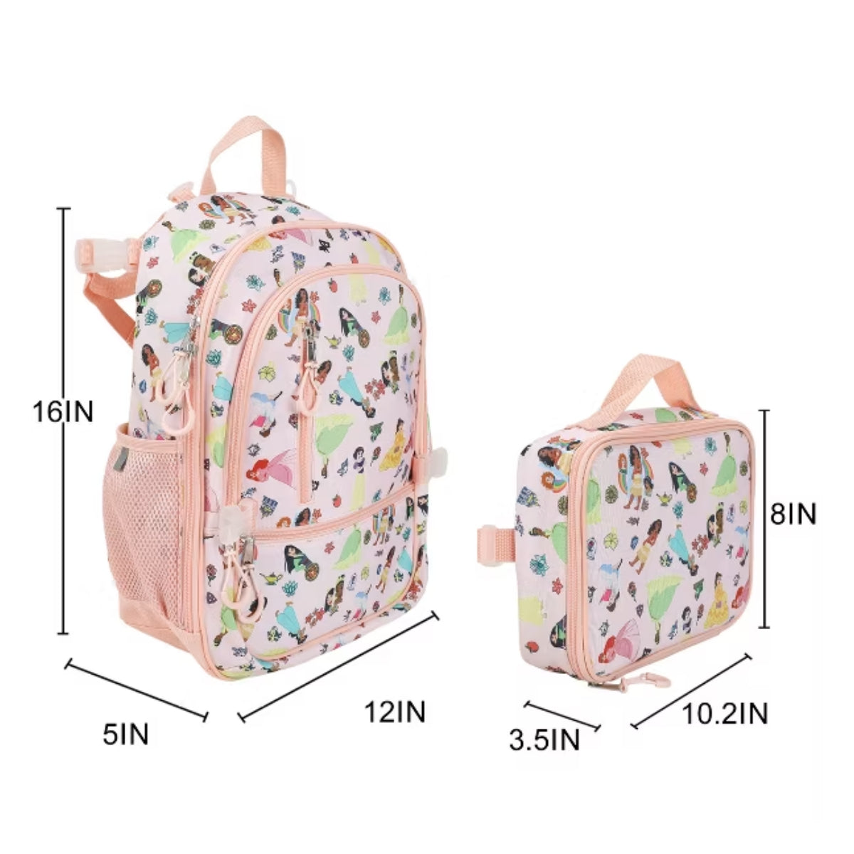 Bioworld Disney Princesses 16" kids girls Adaptive Backpack & Lunch Box Combo Set (4-Piece) - Pink