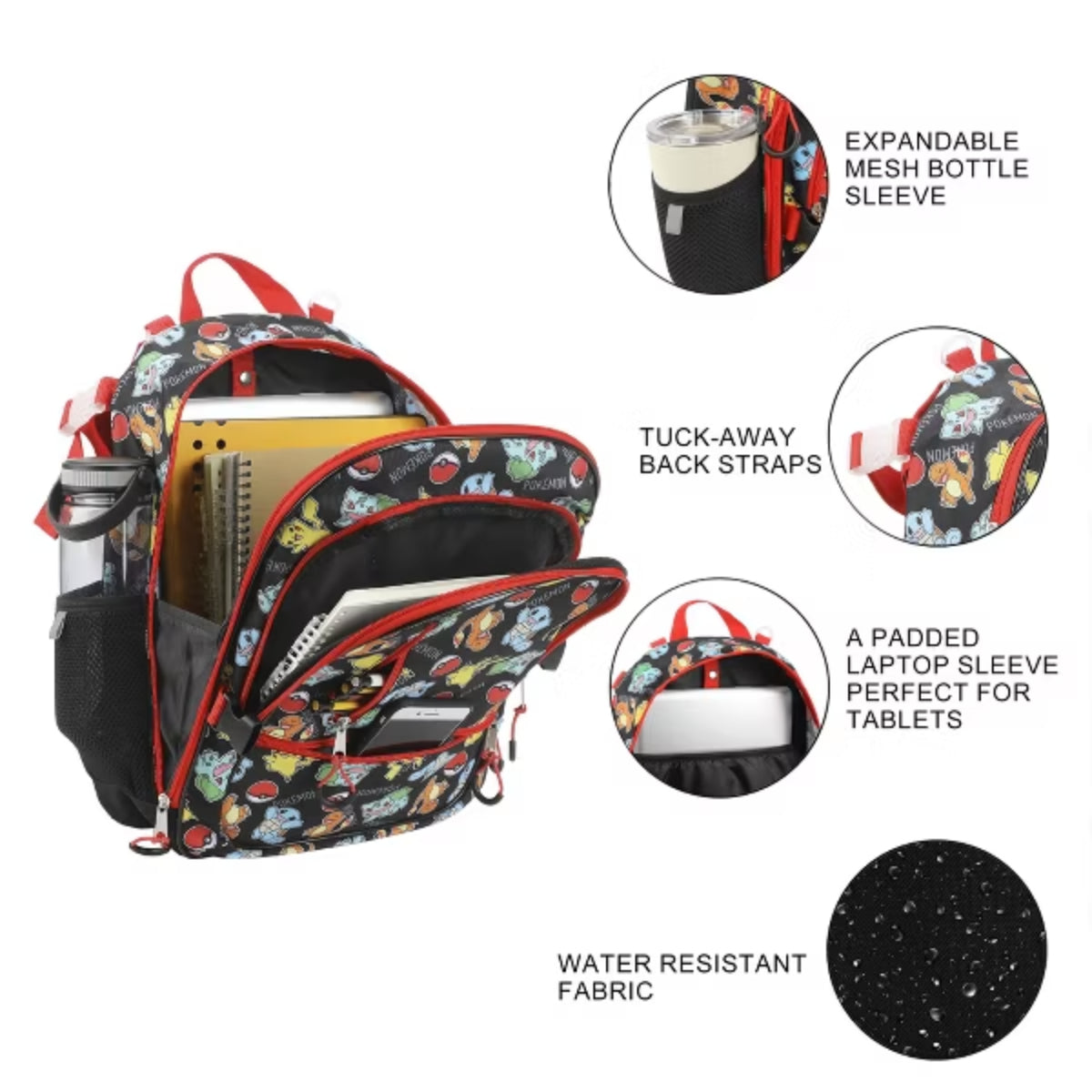 Bioworld Pokemon Starters & Pokeballs All-Over Print 16" Backpack & Lunch Kit Value Set (2-Piece)