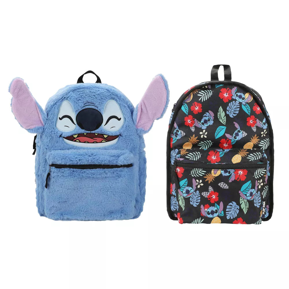 Disney Stitch Plush Character and Tropical Print 16.5" Flip Pak Reversible Backpack