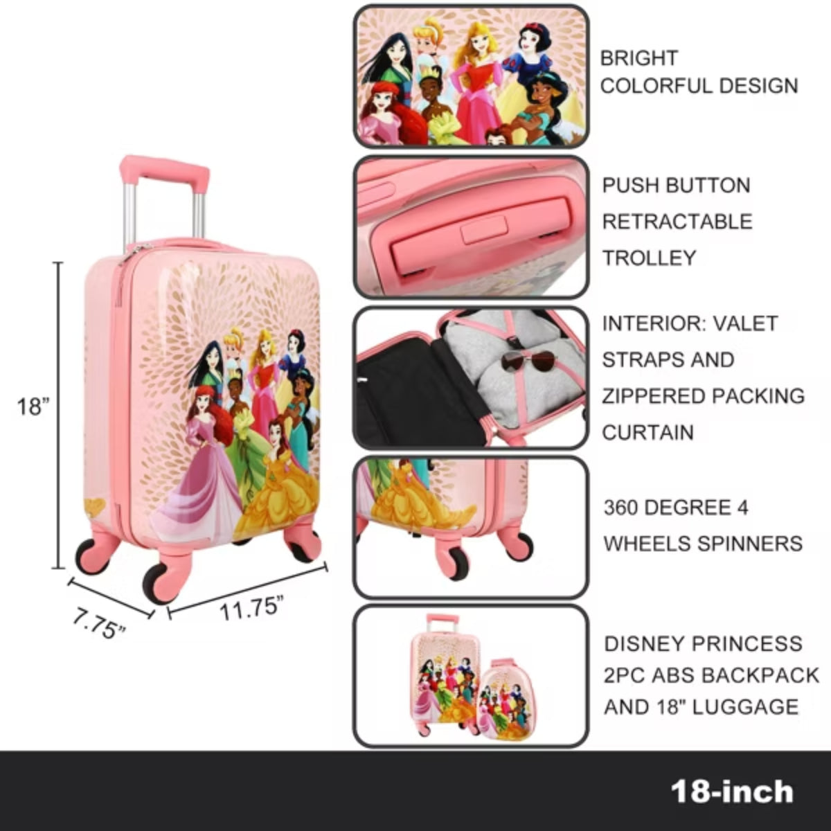 Bioworld Disney Princess Character Art Backpack and Luggage Set (2-Piece) - Pink