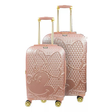 Bundle: Ful Disney Mickey Minnie 2 Piece Rolling Suitcase - Rose Gold + Minnie Mouse 3D Ears and Bow Travel Pillow - Pink