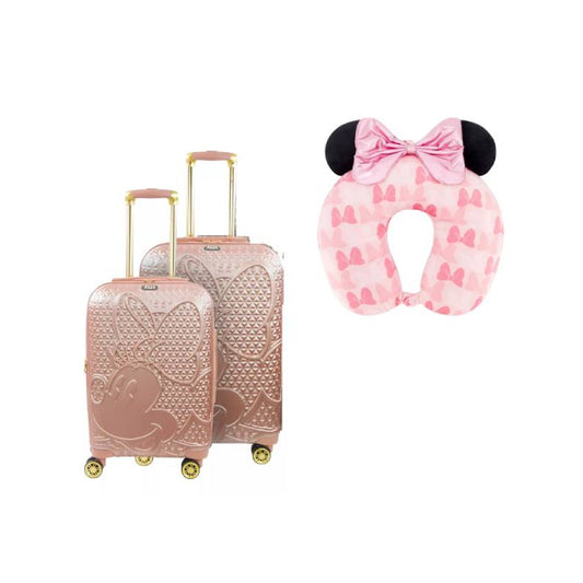 Bundle: Ful Disney Mickey Minnie 2 Piece Rolling Suitcase - Rose Gold + Minnie Mouse 3D Ears and Bow Travel Pillow - Pink