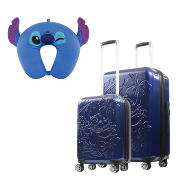 Bundle: Ful Disney Stitch 2-Piece Rolling Luggage Set + Lilo & Stitch 3D Ears Travel Pillow -Blue