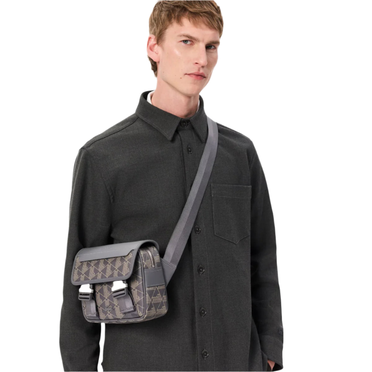 Lacoste Men's The Blend Clip Flap Satchel Bag with Adjustable Strap - Gray