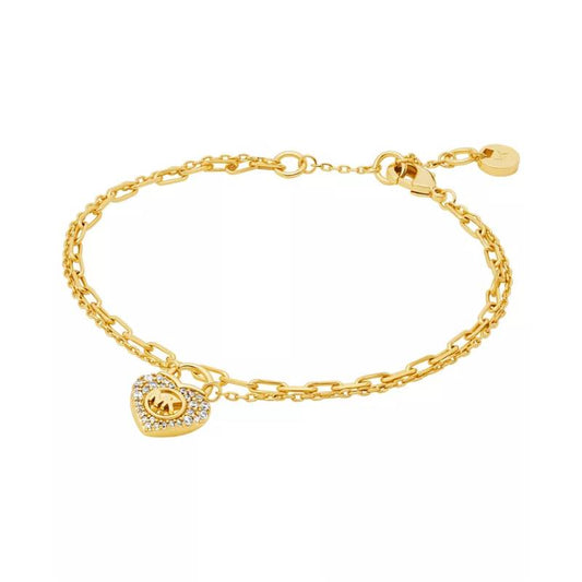 Michael Kors Women's Cubic Zirconia Double Layer Heart Lock Chain Bracelet in Gold