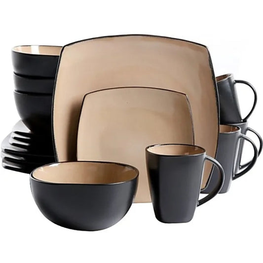 Gibson Home Soho Lounge Stoneware Dinnerware Set (16-Piece) - Taupe/Black