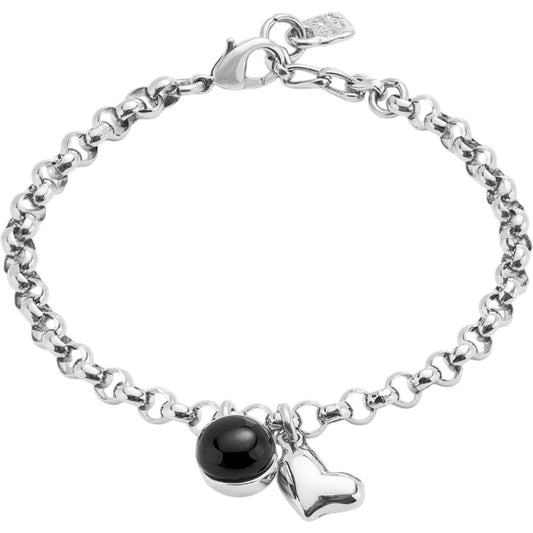 UNOde50 Ser Fascinante Women's Heart charm and Black Murano Glass Link Chain Bracelet in Metal Alloy