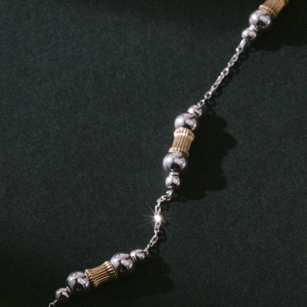 Metal Alchemist Two-Tone Etched Barrel Alchemy Beaded Bracelet In 14K Gold Plated Over 925 Sterling Silver