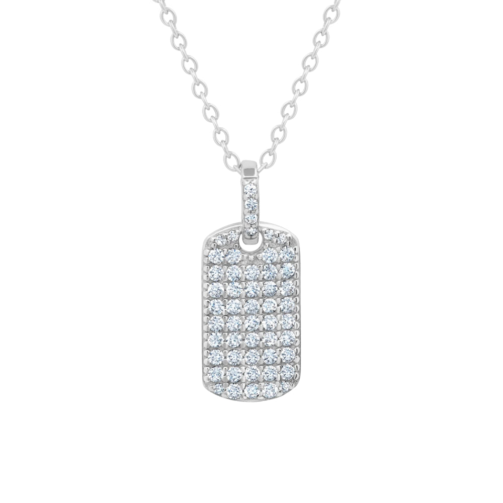 Crislu Women's 18" Pave Round Cut Stones Dog Tag Necklace in Pure Platinum Plated 925 Sterling Silver