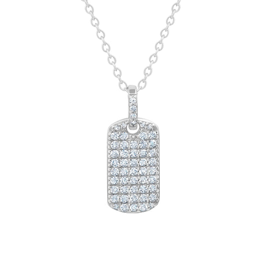Crislu Women's 18" Pave Round Cut Stones Dog Tag Necklace in Pure Platinum Plated 925 Sterling Silver