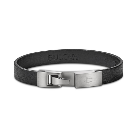 Pulsera clásica de cuero negro envolvente de Bulova para hombre en acero inoxidable