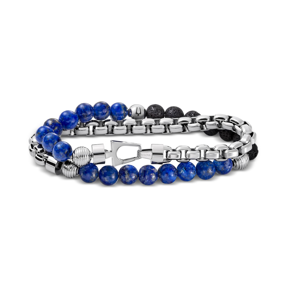 Bulova Men's Classic Double Wrap Tiger's Eye & Black Lava Bracelet in Stainless Steel - Curacao