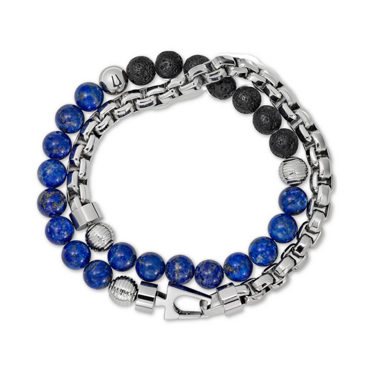 Bulova Men's Classic Double Wrap Tiger's Eye & Black Lava Bracelet in Stainless Steel - Curacao