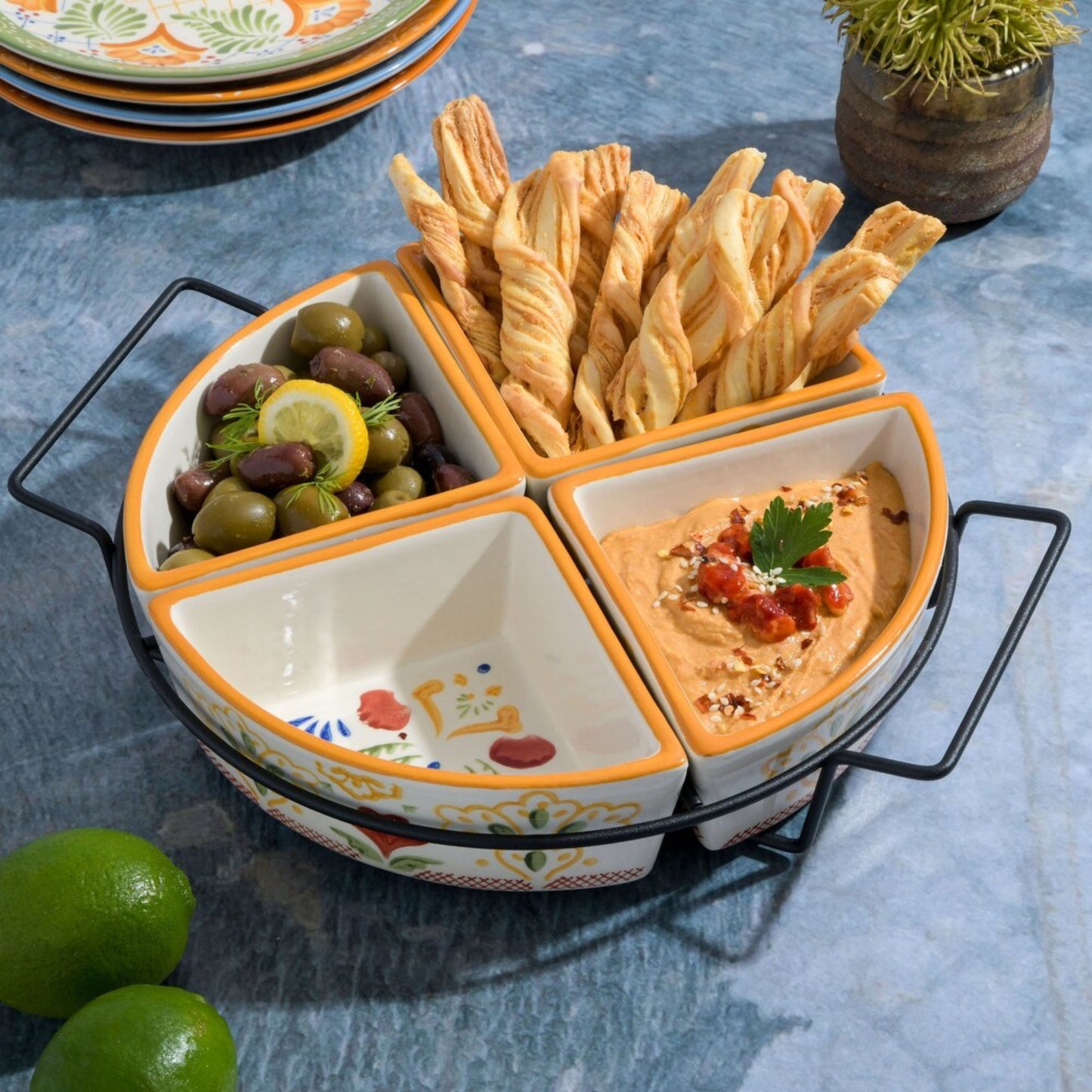 Laurie Gates Tierra 4-Section Stoneware Tidbit Dish with Metal Rack (5-Pieces)