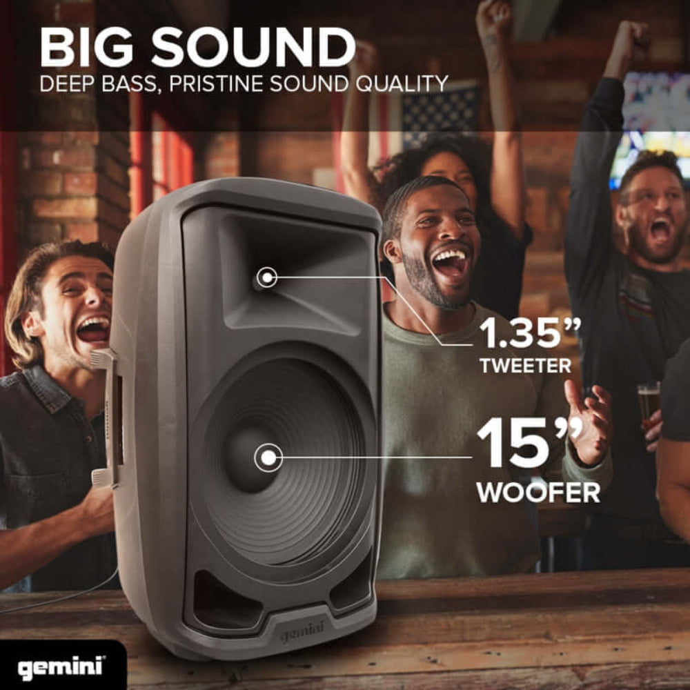 Gemini AS-2115BT-LT-PK 15" 2000W Active Multi LED Bluetooth Loudspeaker with Stand and Wired Microphone - Black