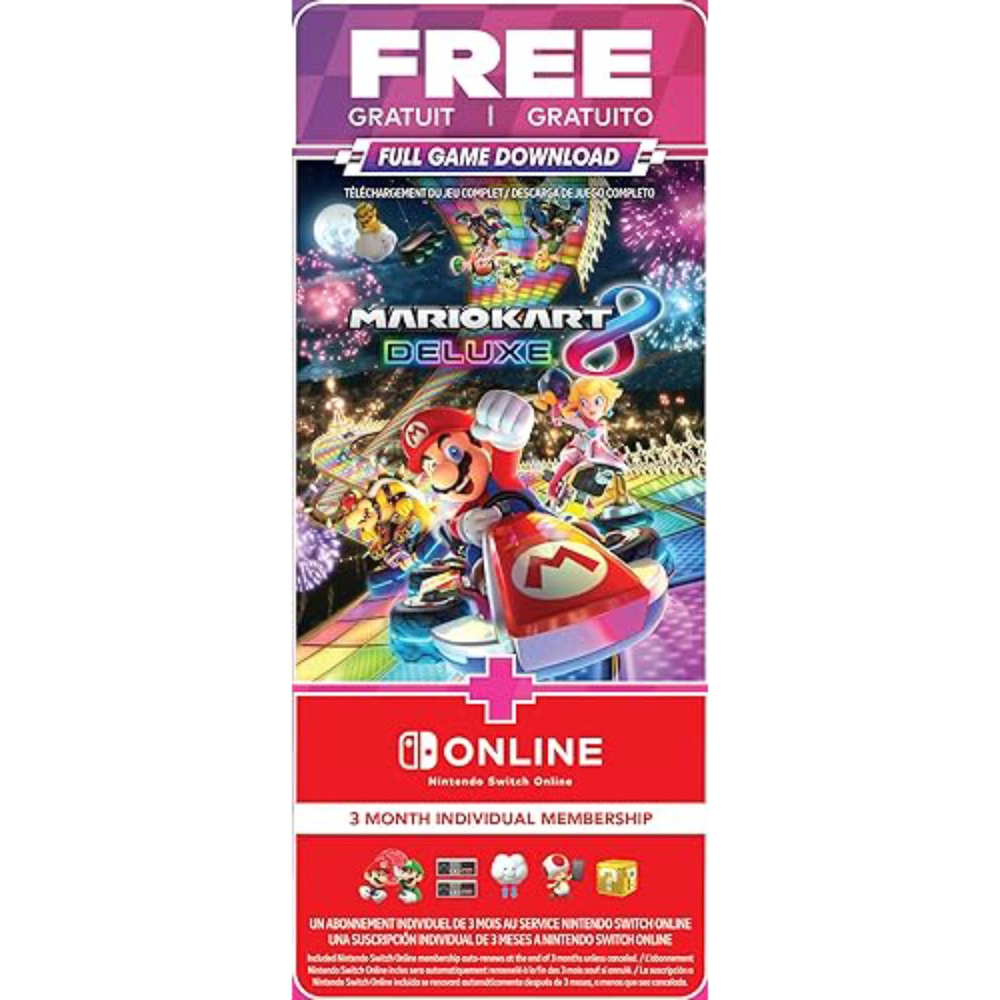 Paquete Mario Kart 8 Deluxe para Nintendo Switch con descarga completa del juego y suscripción de 3 meses a Nintendo Switch Online - Rojo neón/Azul neón