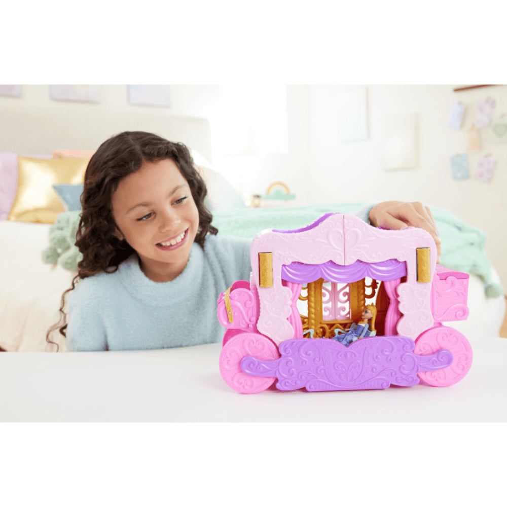 Juego transformable de carruaje de princesas Disney al castillo con muñeca pequeña Aurora