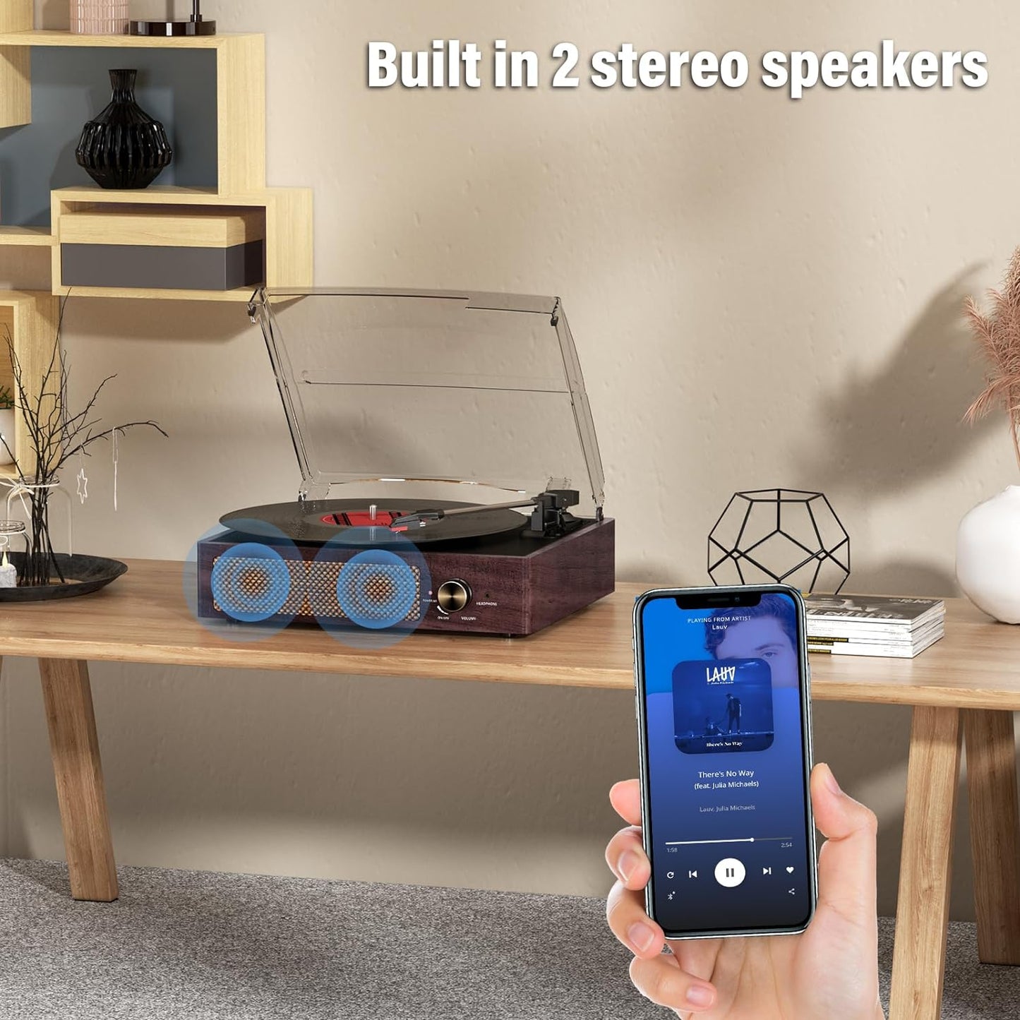 Vinyl Record Player Turntable with Built-in Bluetooth Receiver