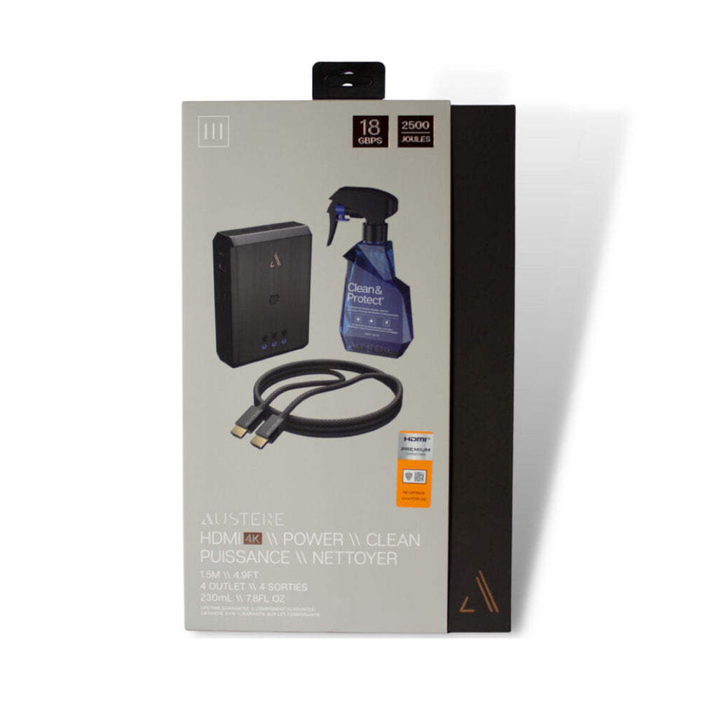 Austere Surge Protector, 1.5m HDMI Cable, and Screen Cleaner