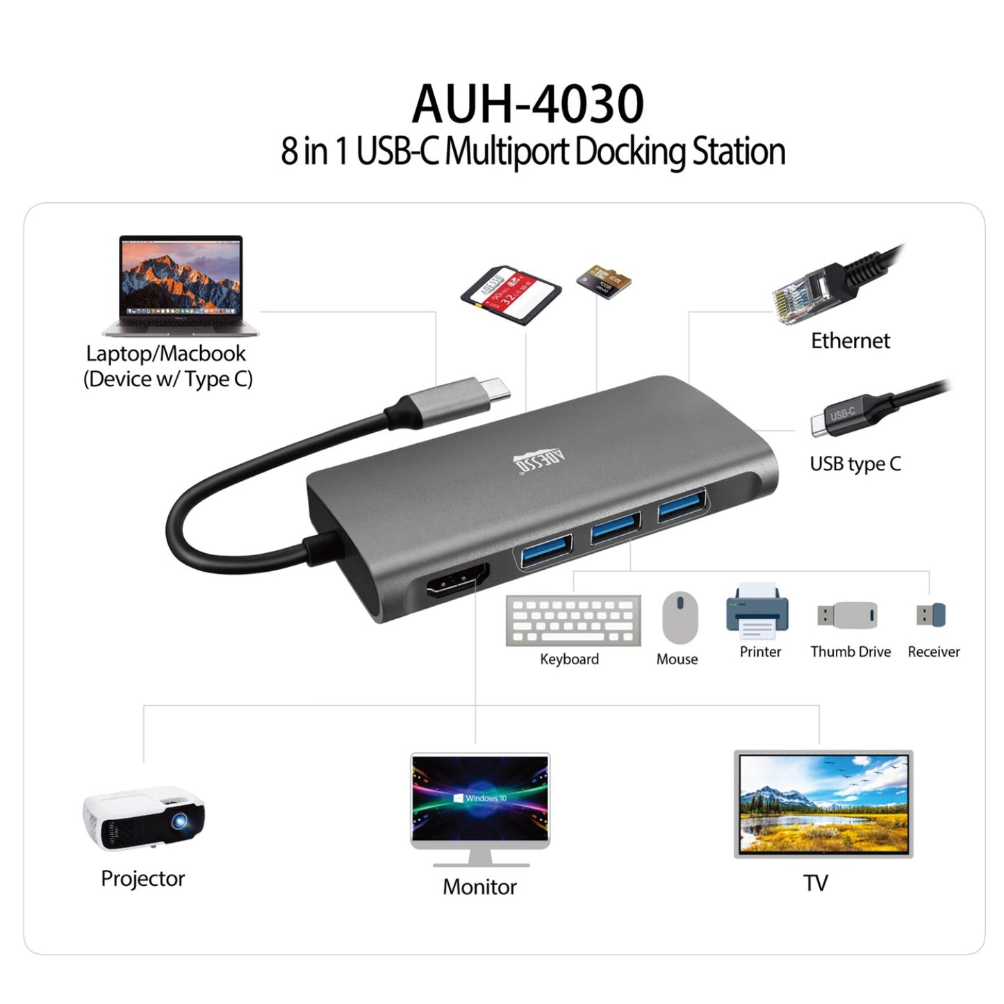 Estación de acoplamiento multipuerto USB-C 8 en 1 Adesso AUH-4030 - Plateado