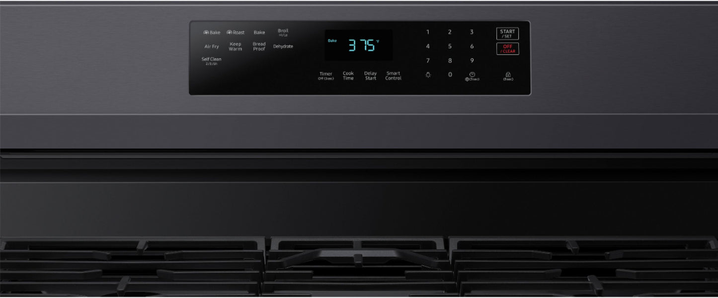 Cocina a gas independiente inteligente Samsung NX60A6511SG de 6,0 pies cúbicos con freidora de aire sin precalentamiento y convección - Acero inoxidable negro 