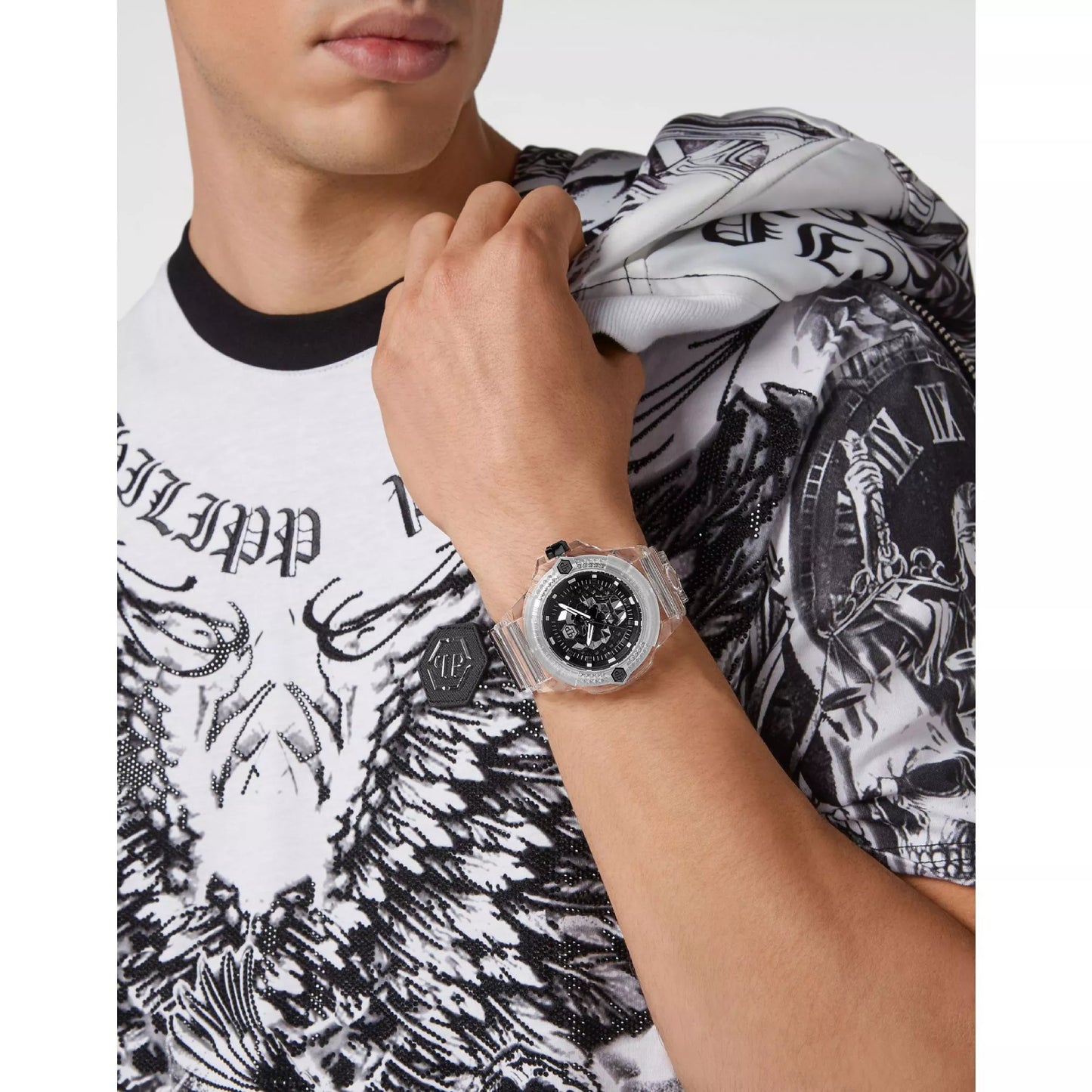 Reloj de hombre Philipp Plein The Skull de 45 mm con correa blanca y tres manecillas, esfera negra