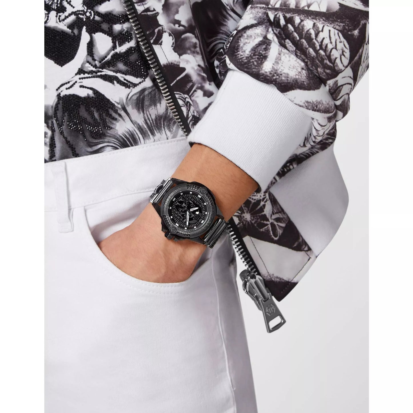 Reloj de hombre Philipp Plein The Skull de piel sintética con correa de tres manecillas de 45 mm, color negro