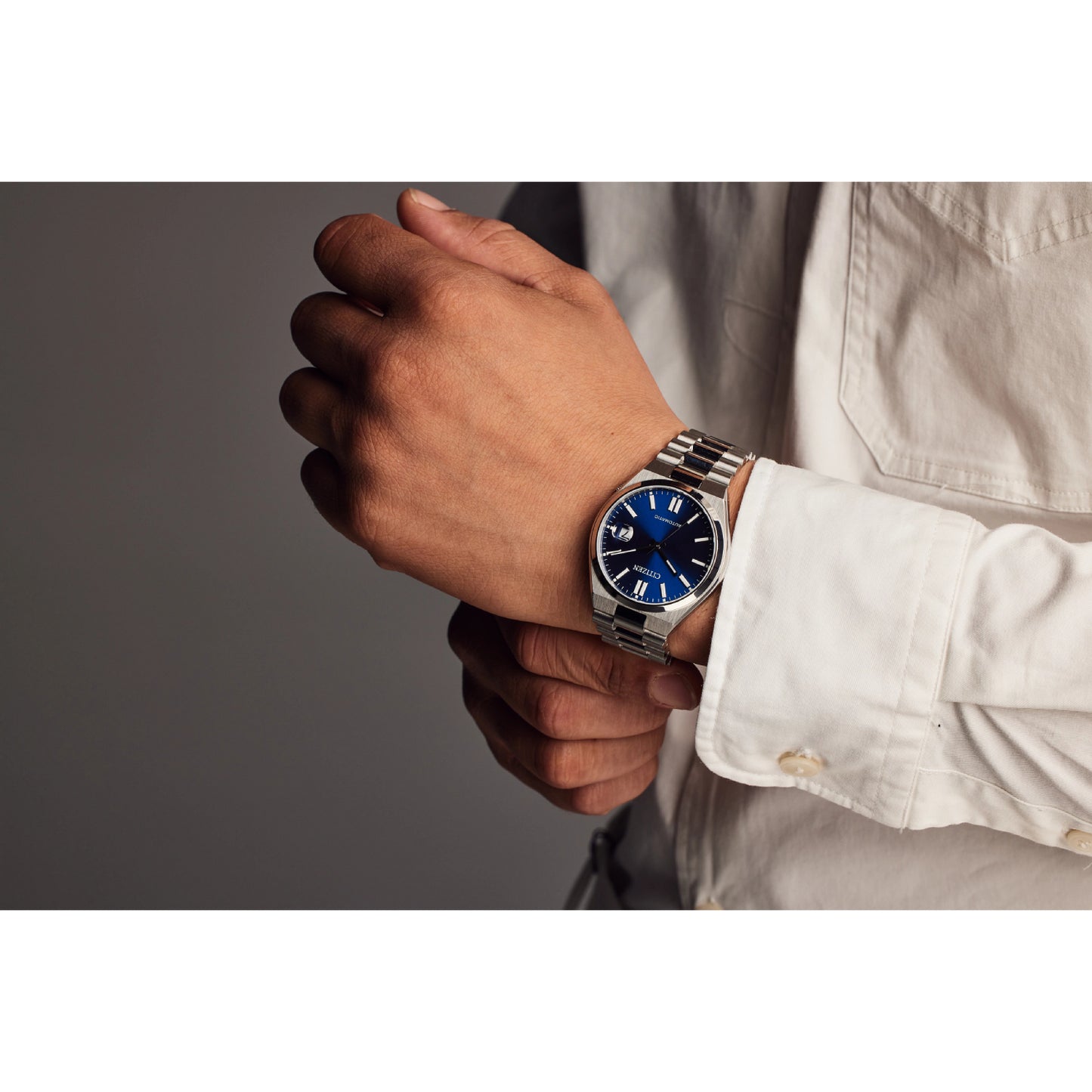 Reloj automático Citizen Tsuyosa para hombre, de 40 mm, con pulsera plateada y esfera azul