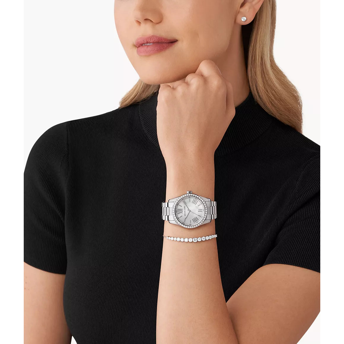 Reloj de pulsera de cuarzo plateado y juego de regalo para mujer Lexington de Micheal Kors (esfera blanca)