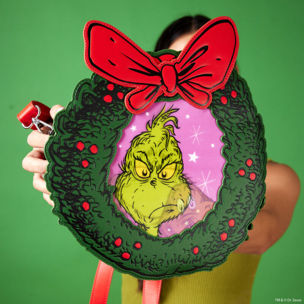 Bolso bandolera con corona de flores de la colección Dr. Seuss' How the Grinch Stole Christmas! de Loungefly