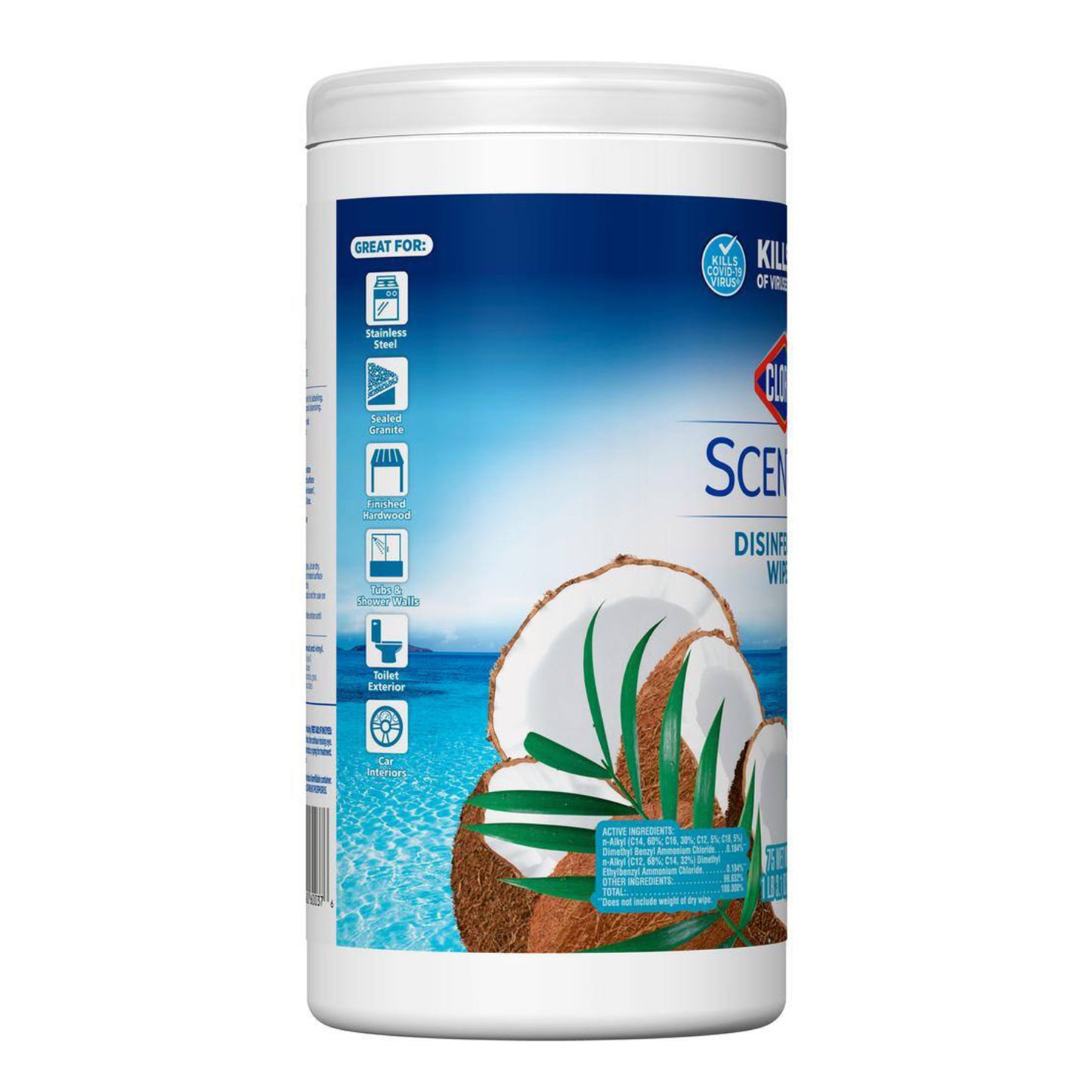 Toallitas desinfectantes sin blanqueador Clorox Scentiva Pacific Breeze y Coconut (75 unidades)