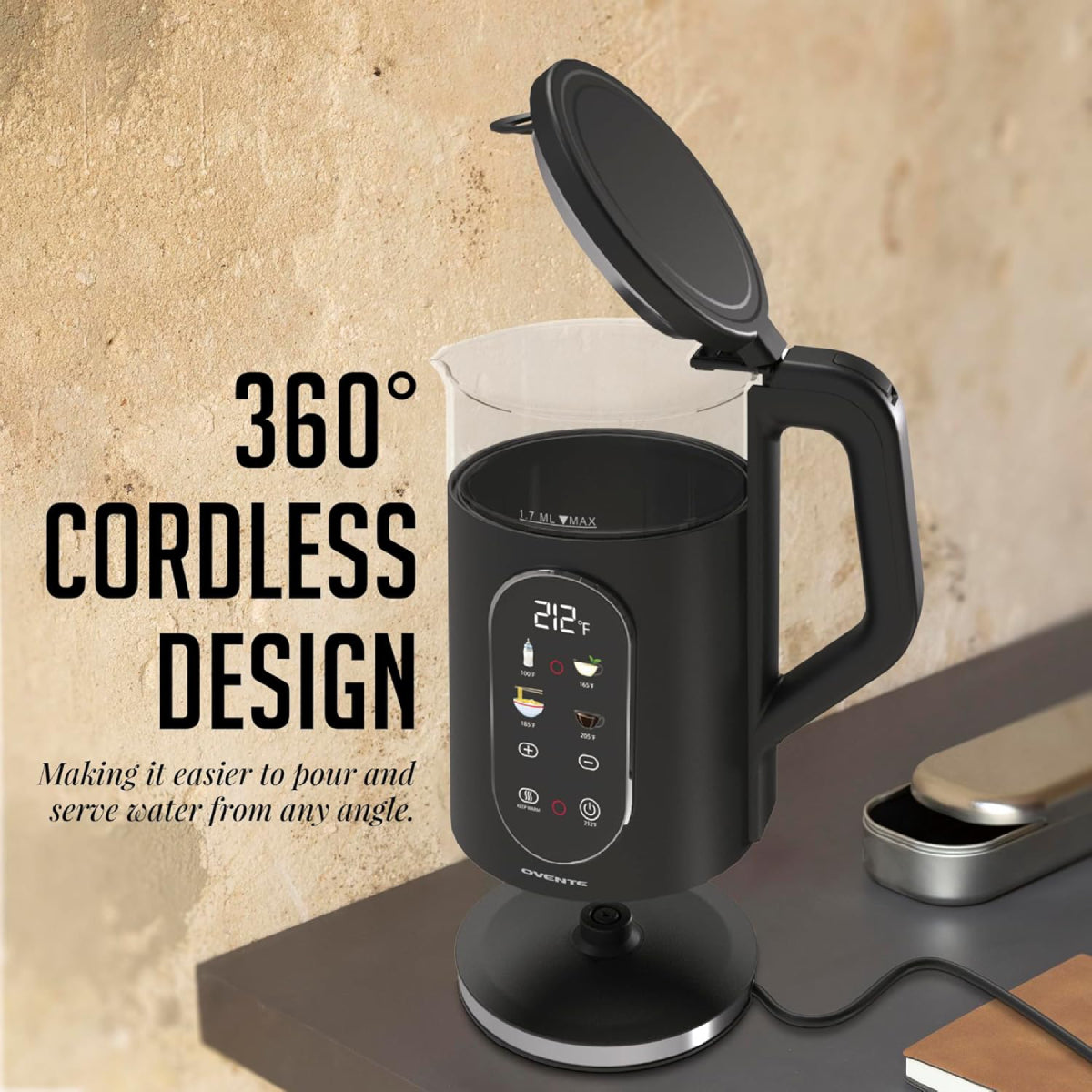 Ovente KD96B 1500W Electric Kettle with Digital Touchscreen - Black