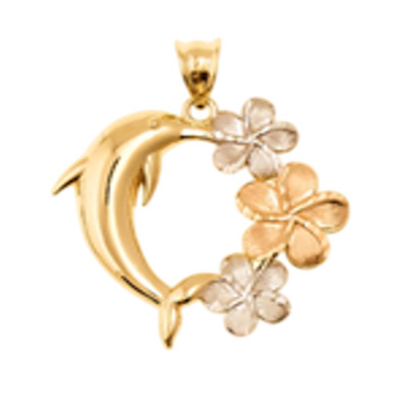 14K Tri-Color Gold Dolphin with Flower Pendant