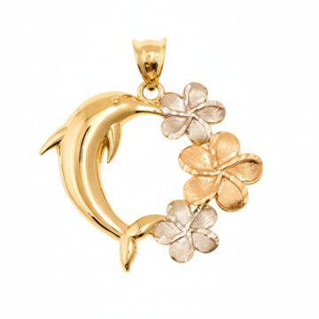 Tri-Color Gold Dolphin with Flower Pendant in 14K Gold