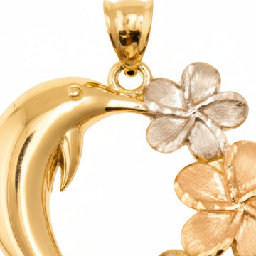 Tri-Color Gold Dolphin with Flower Pendant in 14K Gold