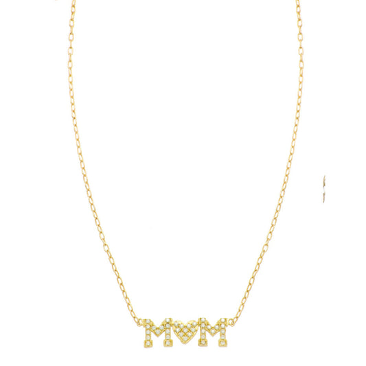 14K Yellow Gold 18" Cubic Zirconia Mom Pendant with Heart Chain