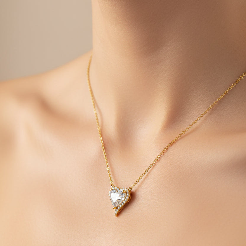 Shy Creation Kate 0.08 ct. Diamond and 1.10 ct. White Topaz Heart Necklace in 14K Yellow Gold